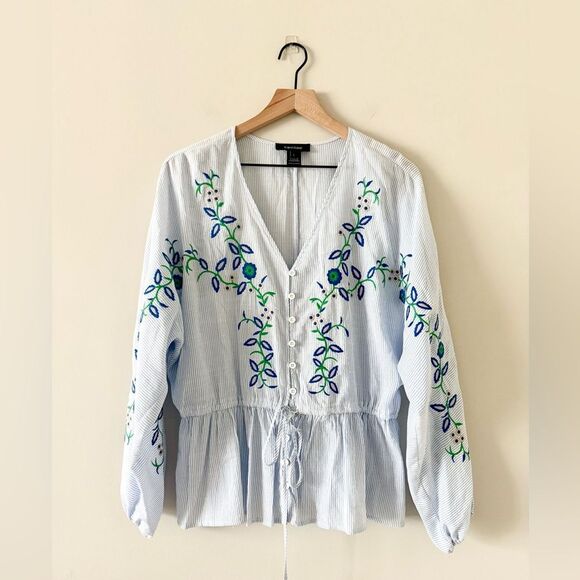 Karen Kane Boho Blouse in Blue & White Stripe with Embroidery Detail - Size L - Picture 3 of 7
